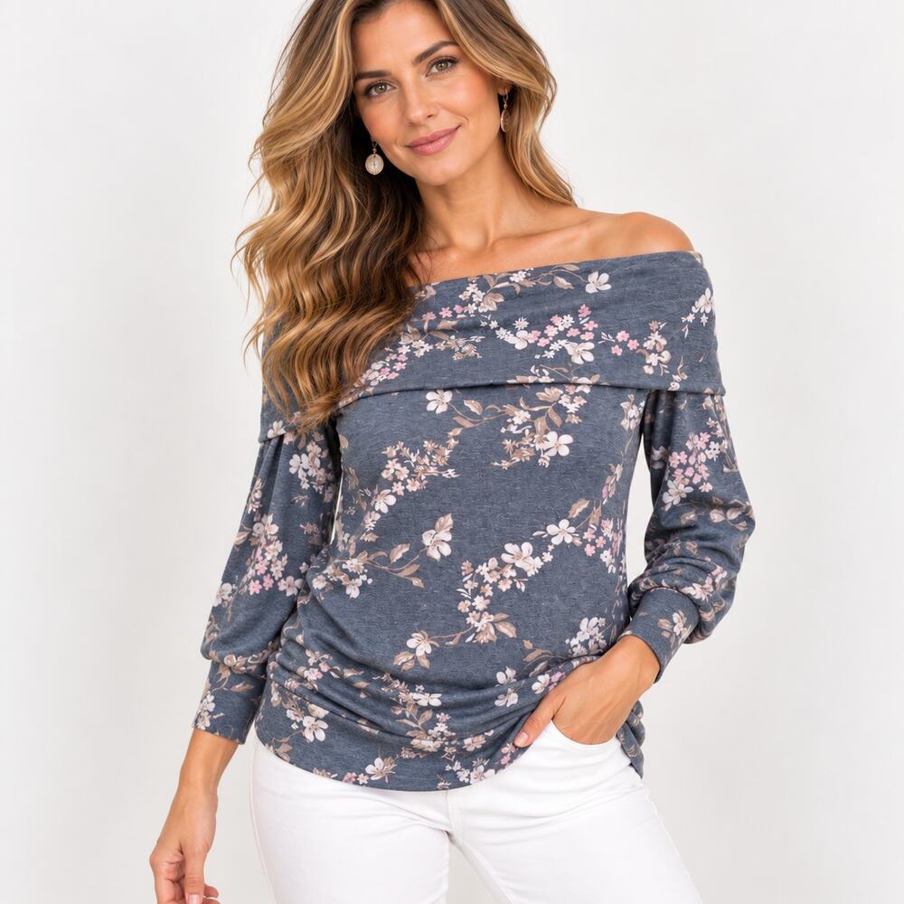 Lauren Conrad Floral Off Shoulder Knit Top Gray Cottage Womens Size M Boho NWT